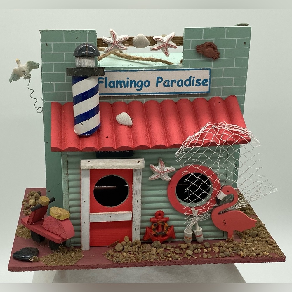 New Flamingo Paradise Birdhouse, 10.5”w x 8”h x 7.5”d